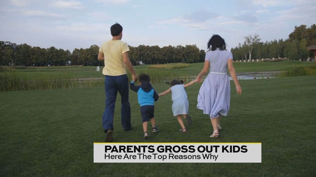 Kissing their kids at school or in front of people, holding hands, and fussing in public are amongst the ‘gross’ things parents do.