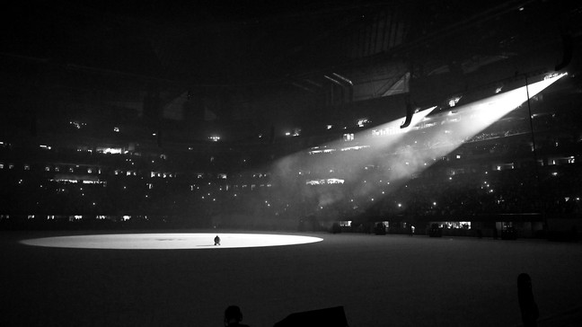 ATLANTA, GEORGIA - JULY 22: (EDITORS NOTE: Image has been converted to black and white. Color version is available.) Kanye West is seen at ‘DONDA by Kanye West’ listening event at Mercedes-Benz Stadium on July 22, 2021 in Atlanta, Georgia. (Photo by Paras Griffin/Getty Images for Universal Music Group)