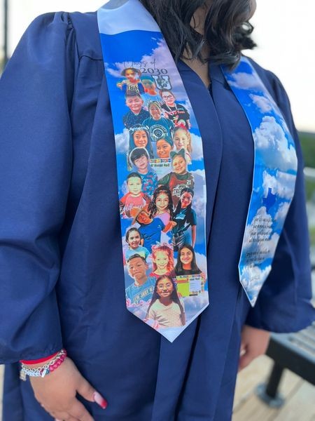 <p>“My daughter is graduating from Veterans Memorial High School tomorrow here in San Antonio and she wanted to honor the 19 young lives that were lost in Uvalde. She asked me to create a graduation stole for her so she can carry them across the stage with her since they will never get the chance. A proud & heartbroken Mama.” (Christina Presas)<br></p>