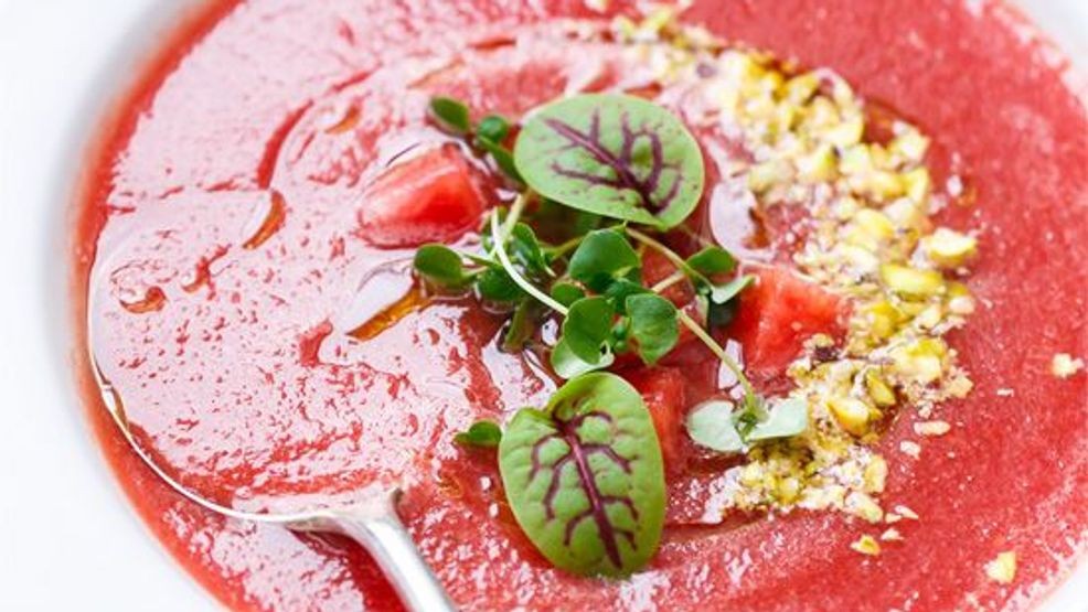 Tomato watermelon gazpacho with pistachios and basil oil