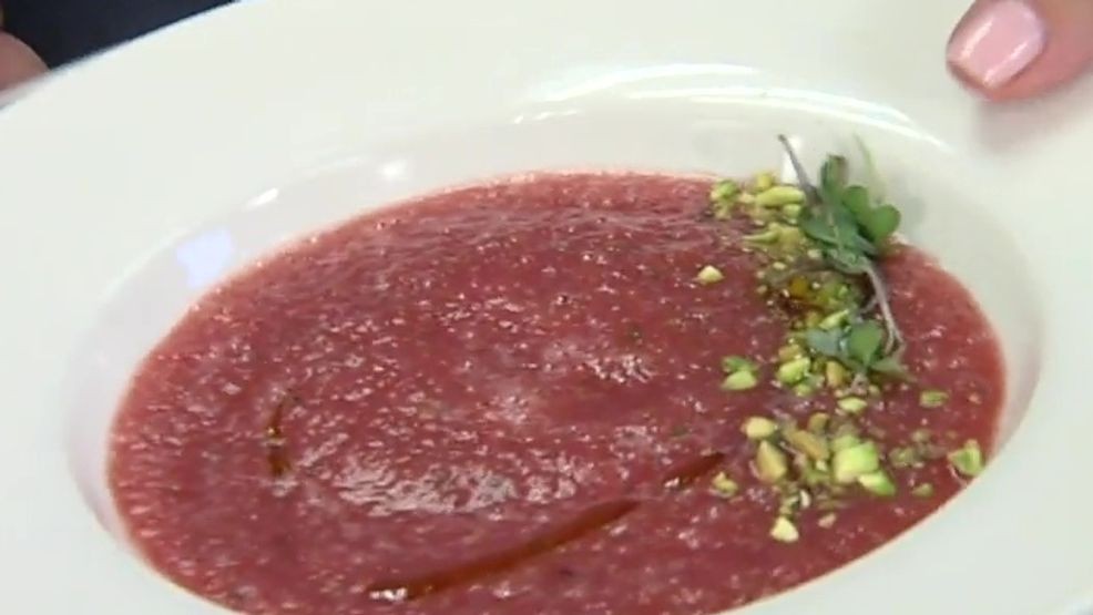 Image for story: RECIPE: Tomato watermelon gazpacho with pistachios and basil oil