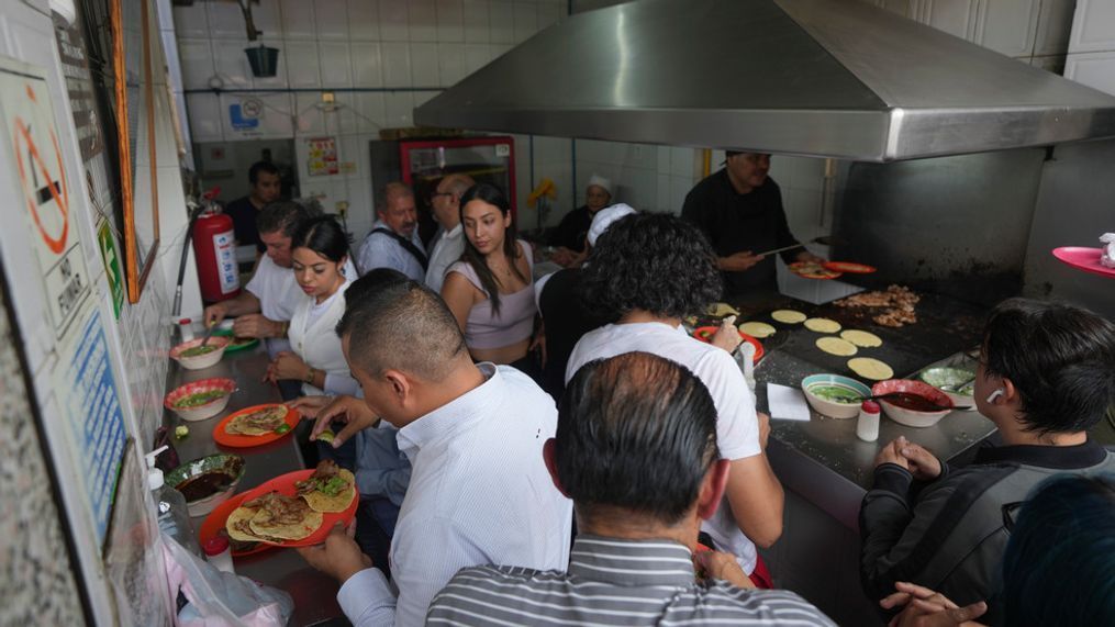 An overhead view of the Tacos El Califa de  León taco stand, in Mexico City, Wednesday, May 15, 2024.  Tacos El Califa de León is the first ever taco stand to receive a Michelin star from the French dining guide. (AP Photo/Fernando Llano)