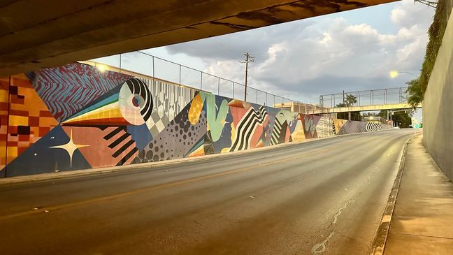 Neon Drive: Artist Iker Muro's 300-foot mural lights up Nolan Street underpass in San Antonio (SBG/ Emilio Sanchez)